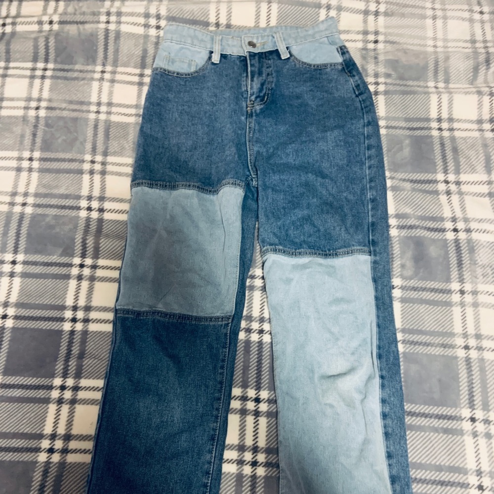 OJLSK light and dark wash patchwork jeans—size Medium